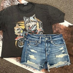 Meridian Eagle High Rise Shortie Dark Wash Distressed Denim Shorts